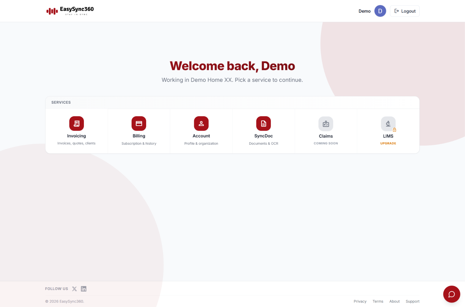 EasySync360 dashboard — pick a service to continue